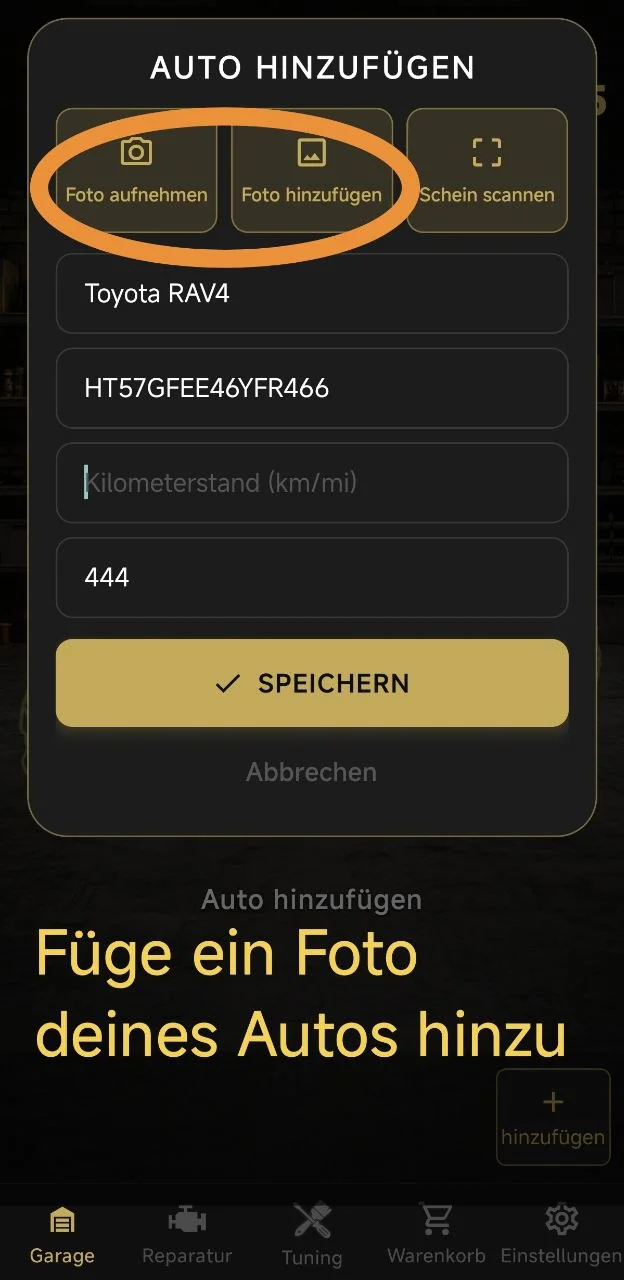 Füge ein Foto deines Autos hinzu