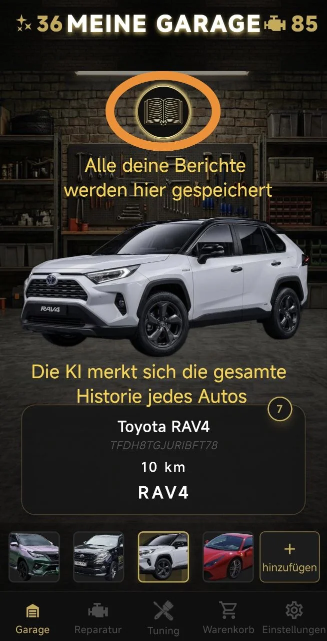 Alle deine Berichte werden hier gespeichert. Die KI merkt sich die gesamte Historie jedes Autos