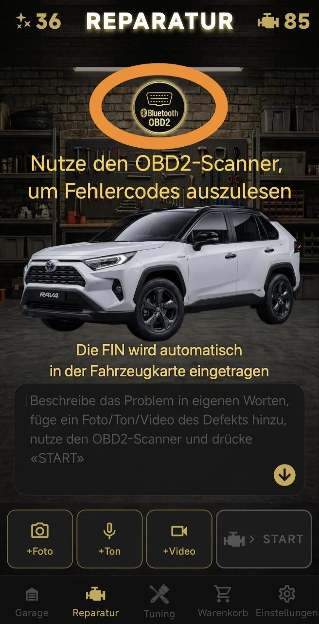 Nutze den OBD2-Scanner, um Fehlercodes auszulesen. Die FIN wird automatisch in der Fahrzeugkarte eingetragen