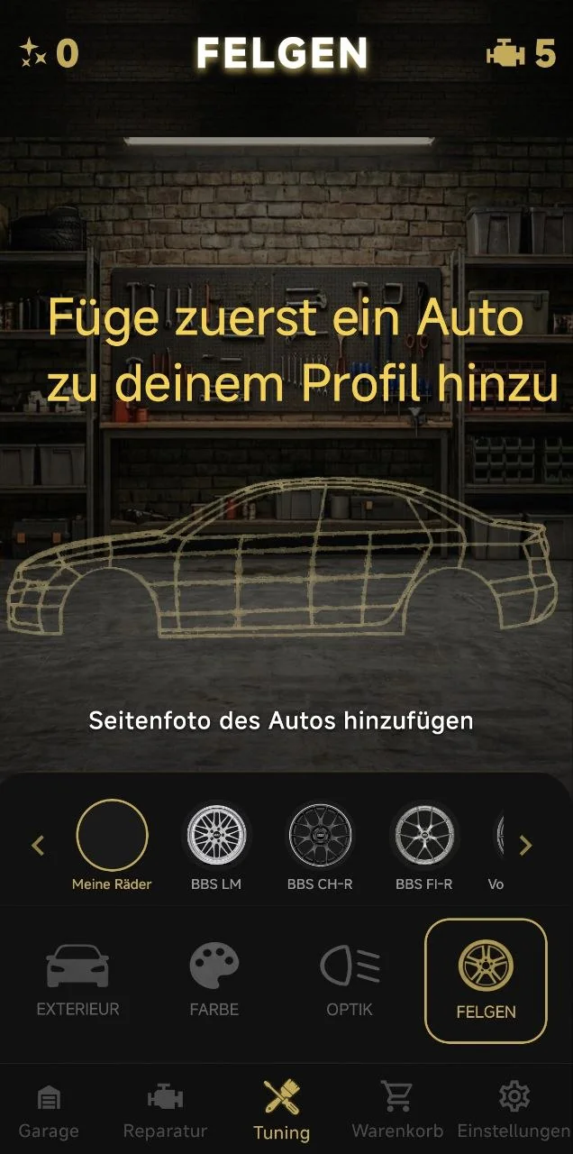 Füge zuerst ein Auto zu deinem Profil hinzu