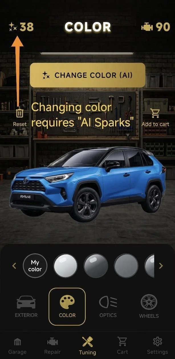Changing color requires "AI Sparks"