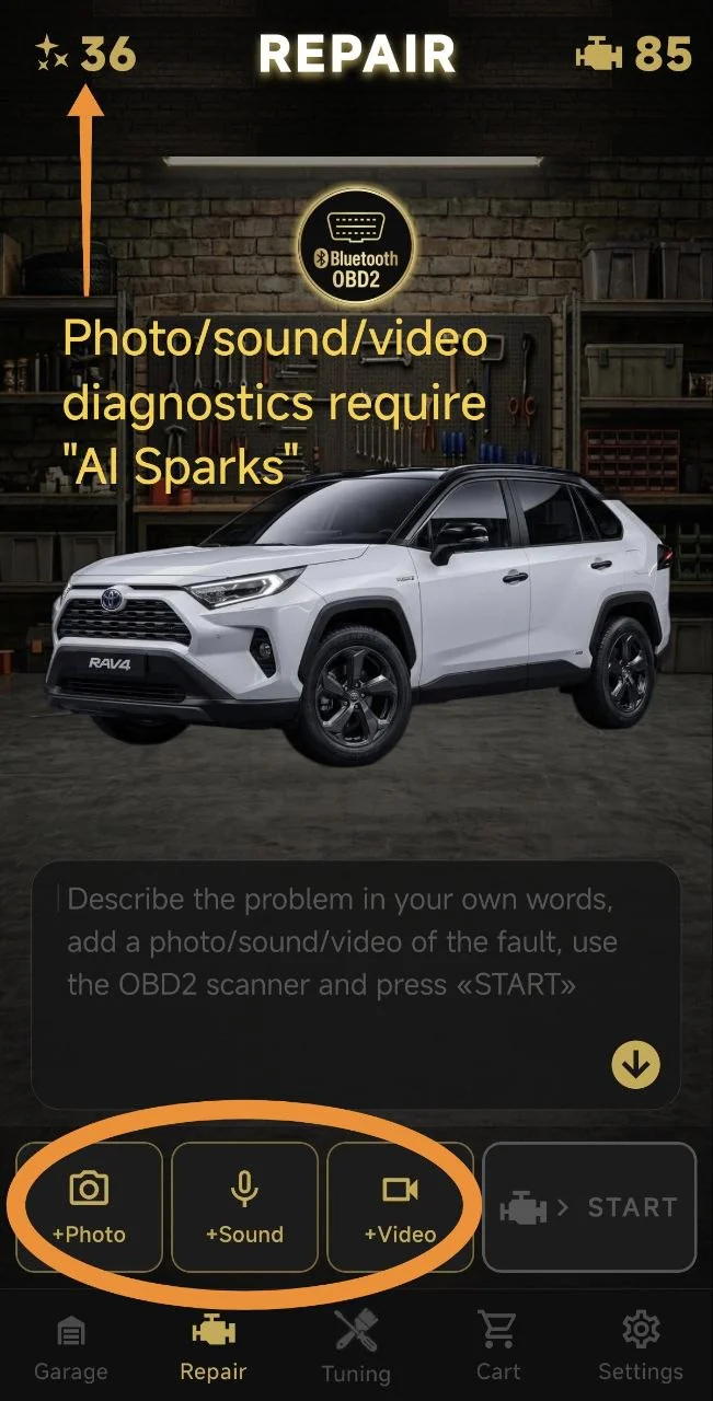 Photo/sound/video diagnostics require "AI Sparks"