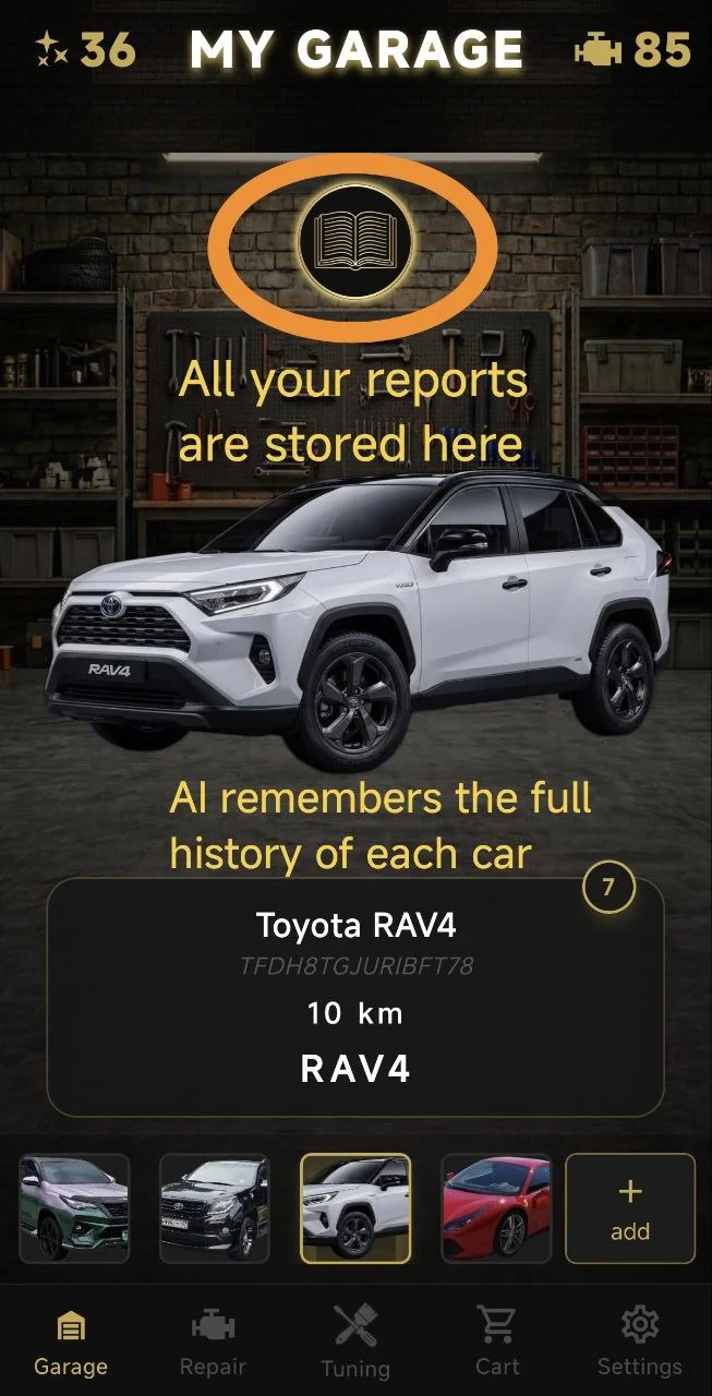 All your reports are stored here. AI remembers the full history of each car