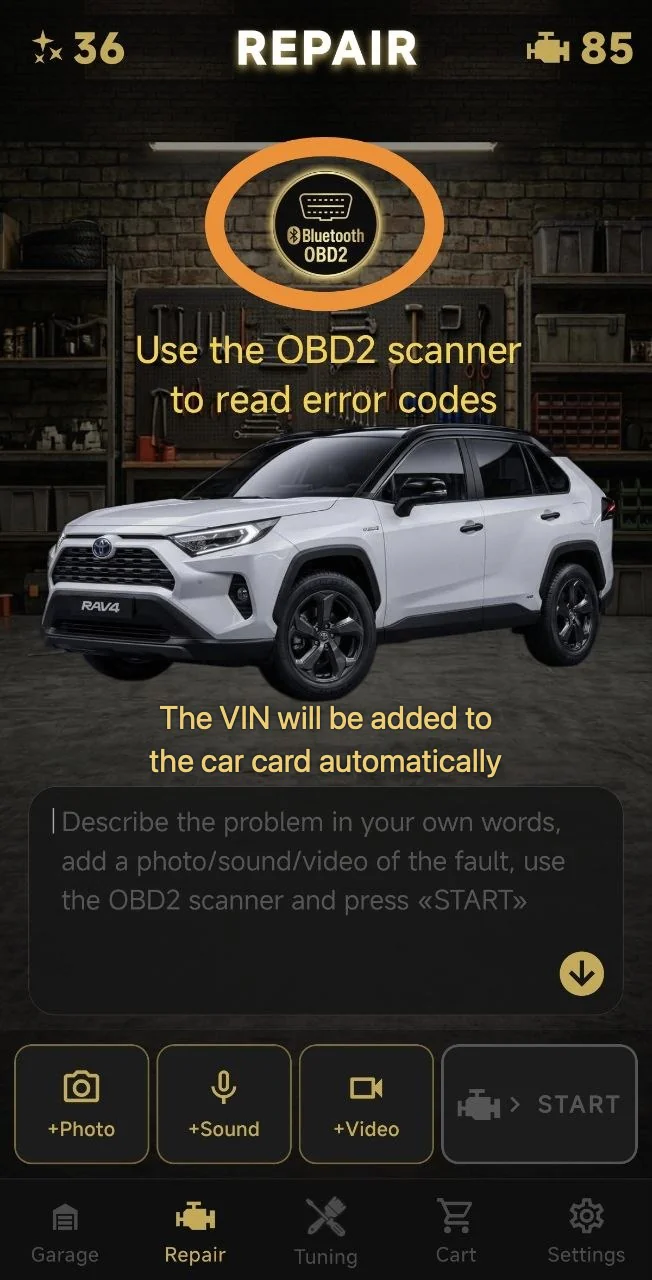 Use the OBD2 scanner to read error codes. The VIN will be added to the car card automatically