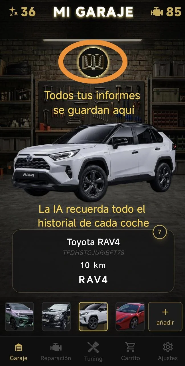 Todos tus informes se guardan aquí. La IA recuerda todo el historial de cada coche