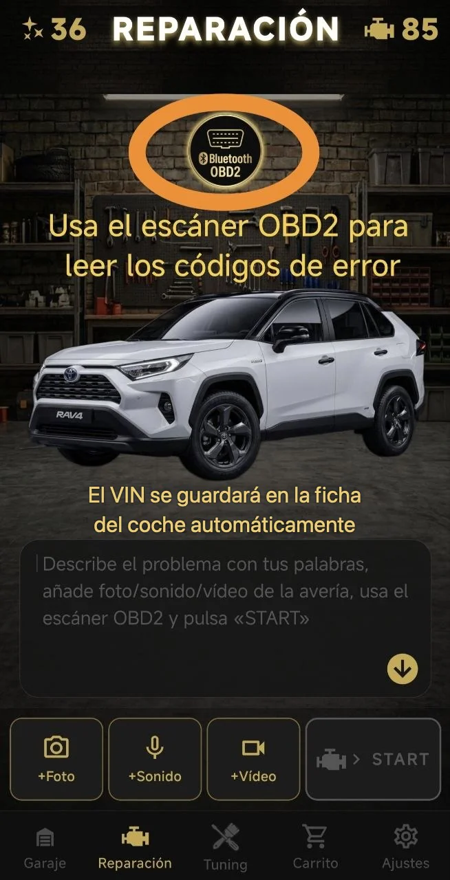 Usa el escáner OBD2 para leer los códigos de error. El VIN se guardará en la ficha del coche automáticamente