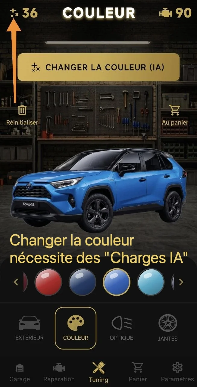 Changer la couleur nécessite des "Charges IA"
