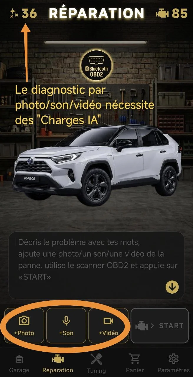 Le diagnostic par photo/son/vidéo nécessite des "Charges IA"