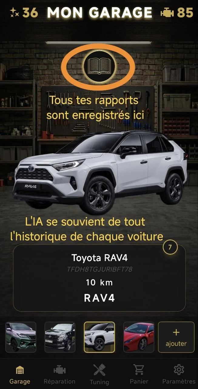 Tous tes rapports sont enregistrés ici. L'IA se souvient de tout l'historique de chaque voiture