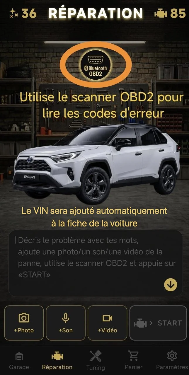 Utilise le scanner OBD2 pour lire les codes d'erreur. Le VIN sera ajouté automatiquement à la fiche de la voiture