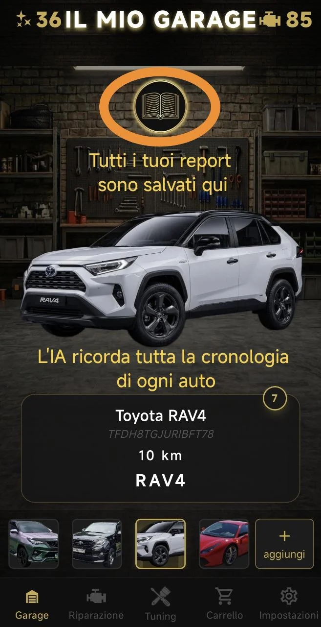 Tutti i tuoi report sono salvati qui. L'IA ricorda tutta la cronologia di ogni auto