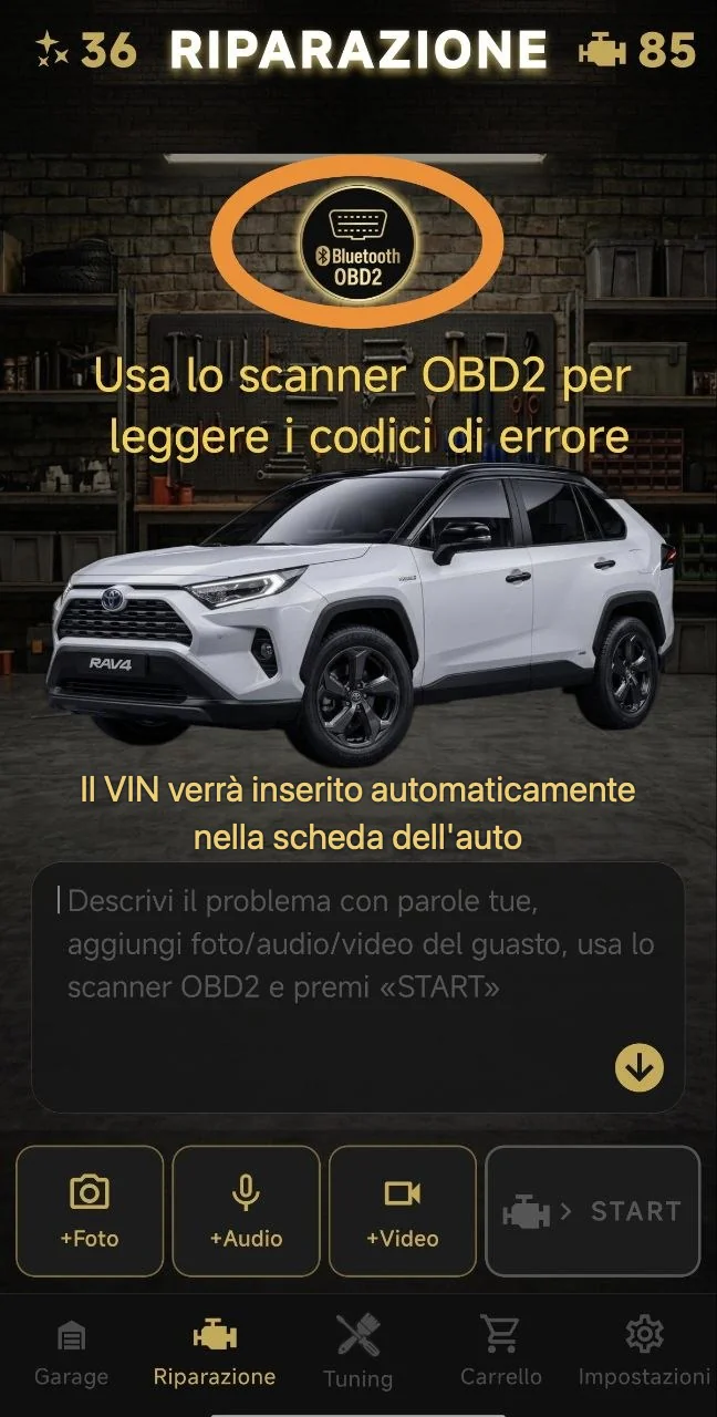 Usa lo scanner OBD2 per leggere i codici di errore. Il VIN verrà inserito automaticamente nella scheda dell'auto