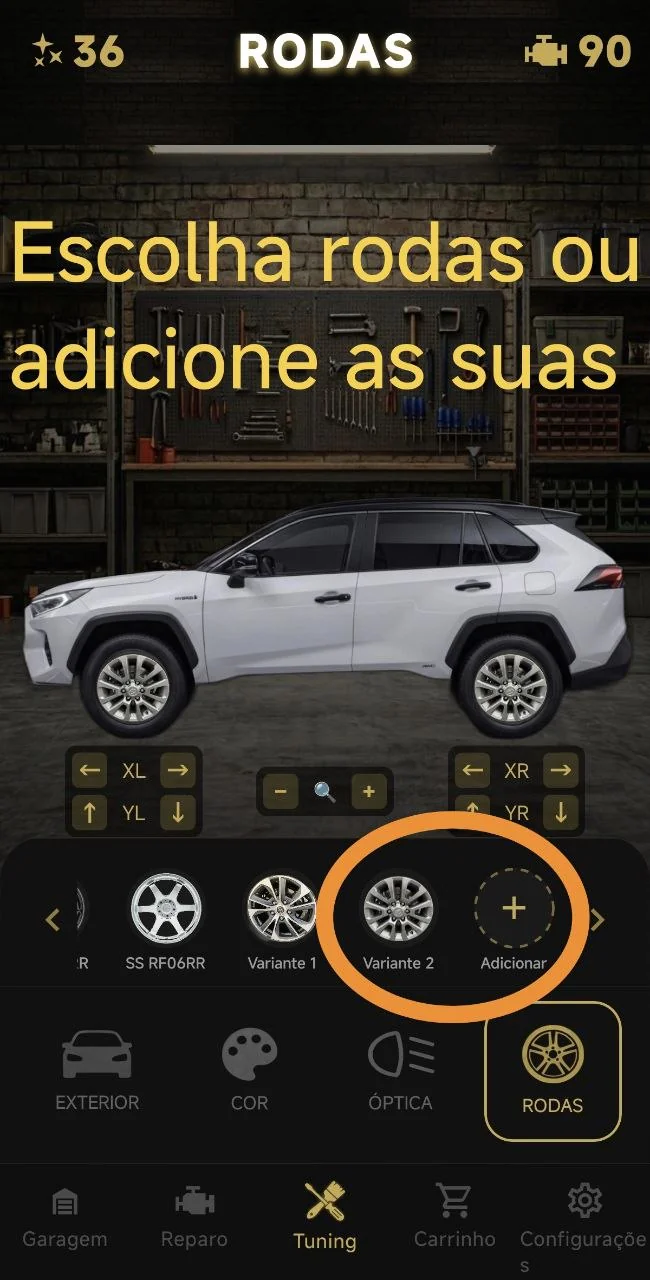 Escolha rodas ou adicione as suas