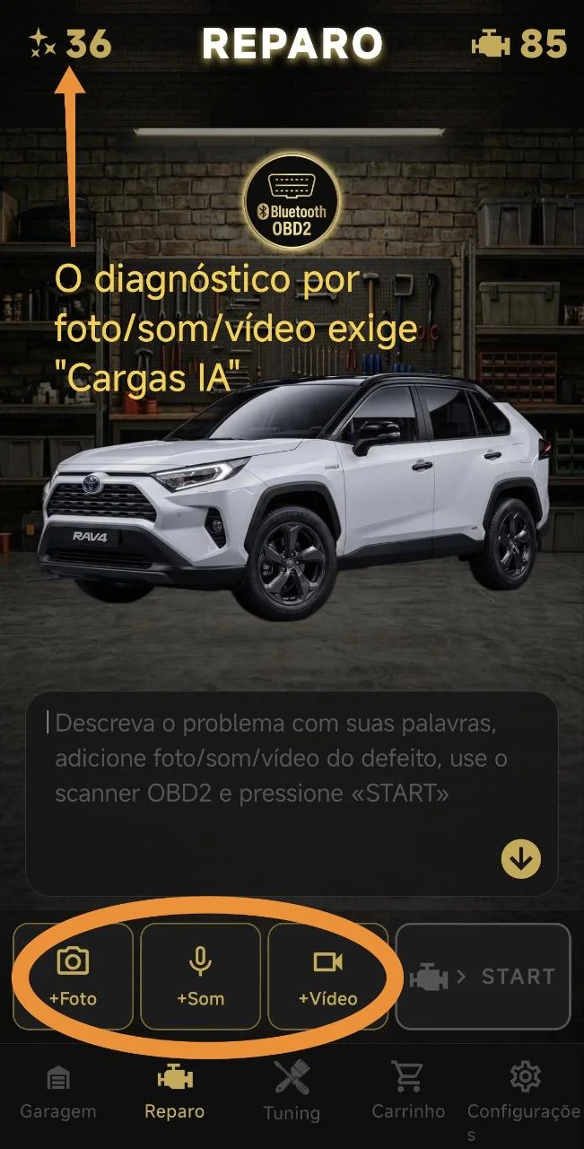 O diagnóstico por foto/som/vídeo exige "Cargas IA"