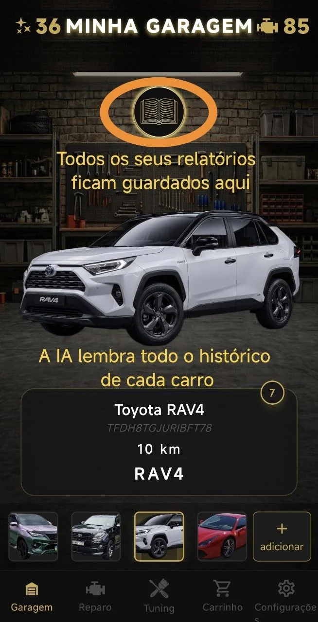 Todos os seus relatórios ficam guardados aqui. A IA lembra todo o histórico de cada carro