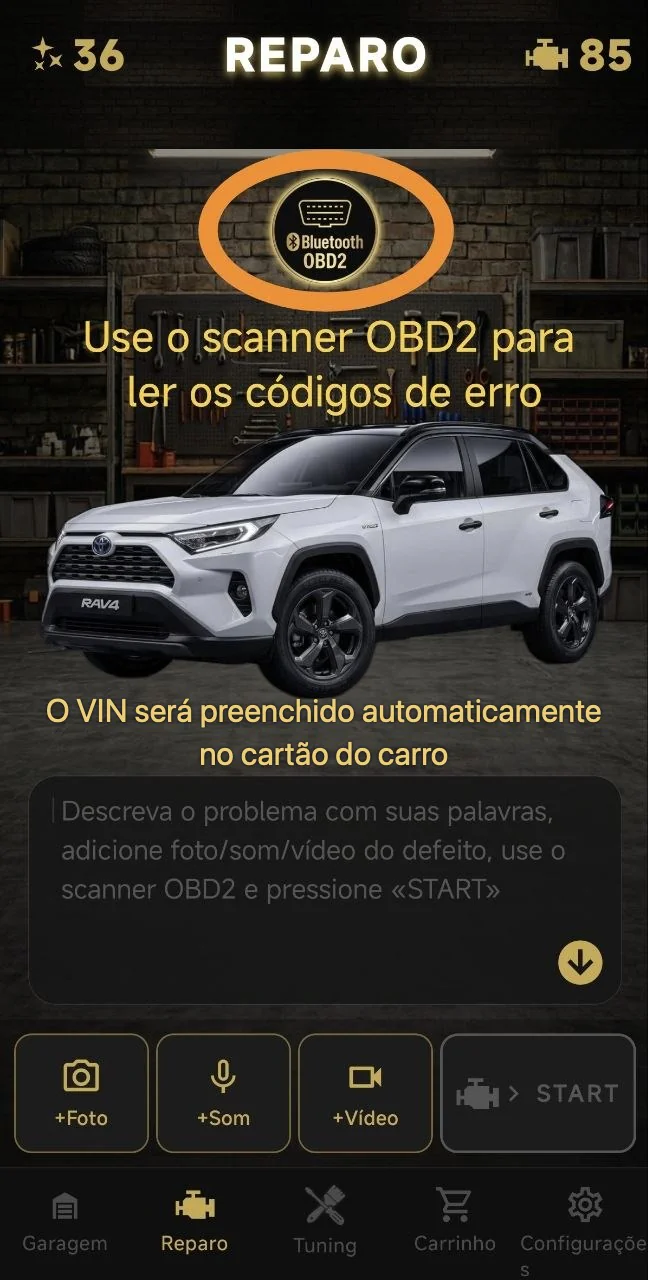 Use o scanner OBD2 para ler os códigos de erro. O VIN será preenchido automaticamente no cartão do carro